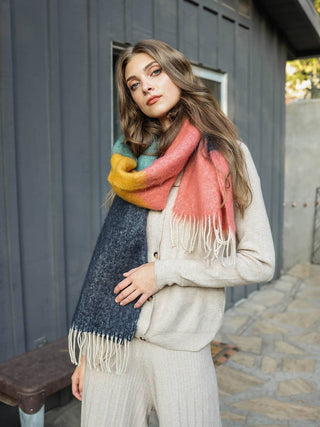 Ultra Soft Faux Mohair Colorblock Scarf with Tassels