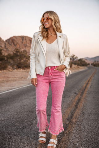 Denim Kick Flare w/ Distressed & Embellished Hem