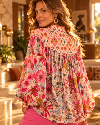 Mixed Print Boho Blouse with Shirring
