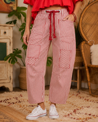 Striped Twill Barrel Leg Pant with Cargo Pockets