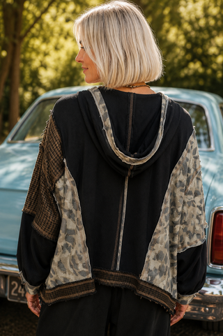 Patchwork Thermal Oversized Hoodie – Balloon Sleeve Pullover with Mixed Print Details