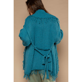 Open Sweater Cardi with Fringe Collar & Waist Tie