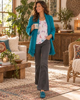 Open Sweater Cardi with Fringe Collar & Waist Tie