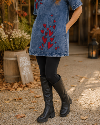 Heart Embroidered Denim Dress