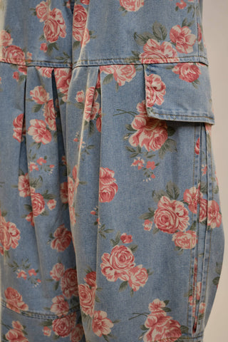 Rose Print Smocked Wide Leg Denim Pant - Casual Pleated Cargo Boho Jeans