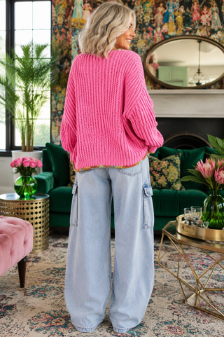 Confetti Trim Sweater – Chunky V-Neck Knit Pullover