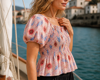 Floral Smocked Peplum Blouse – Puff Sleeve Top with Tie-Back Detail