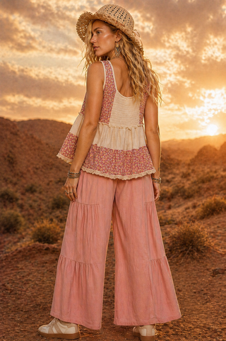 Tiered Patchwork Boho Tank – Lace Detail Top with Button Placket