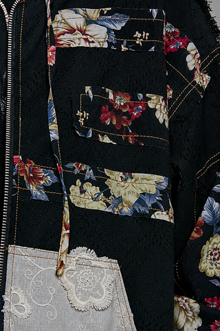 Vintage Wash Denim Floral Patchwork Jacket - Oversized Zip-Up Hoodie