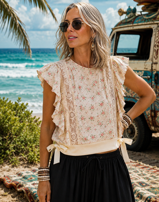 Garden Party Adjustable Hem Flutter Sleeve Top
