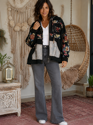 Vintage Wash Denim Floral Patchwork Jacket - Oversized Zip-Up Hoodie