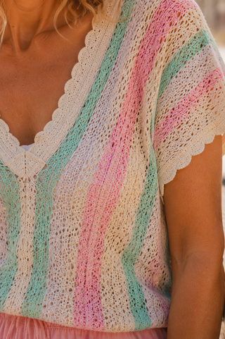 Saltwater Taffy Crochet Top – Open Back Knit with Scalloped Stripes