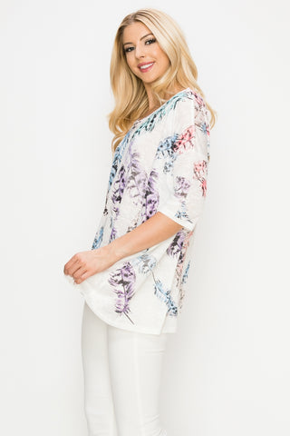 3/4 Sleeve Ombre Feather Print Tunic