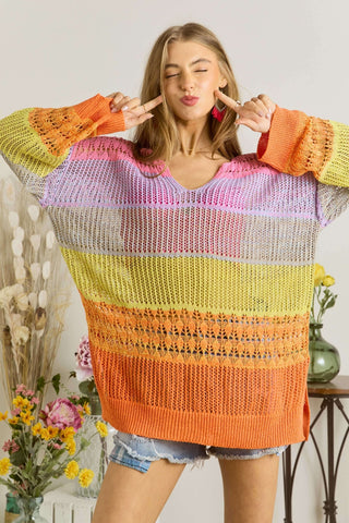 Deep V Colorblock Crocheted Pullover