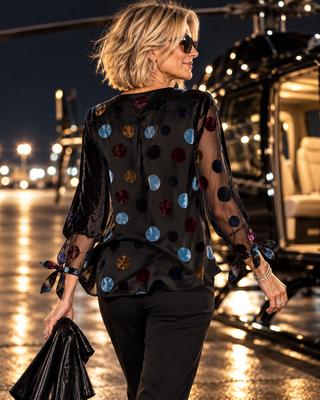 Velvet Dot Burnout Blouse with Ribbon Tie Cuffs