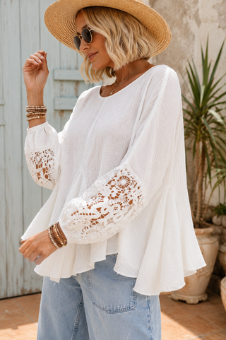 Angelic Escape Top – Textured Gauze Trapeze Top with Lace Sleeves & Tassel Tie Back