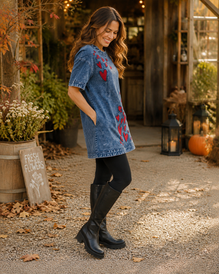 Heart Embroidered Denim Dress