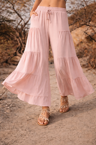 Mineral Wash Tiered Wide-Leg Pants – Lightweight Boho Drawstring Lounge Pants for Women