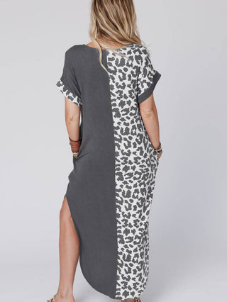 Short Sleeve Leopard Colorblock Maxi Dress