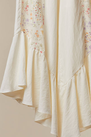 Floral Patchwork Ruffle Pant – Flowy Boho Pants with Asymmetrical Hem