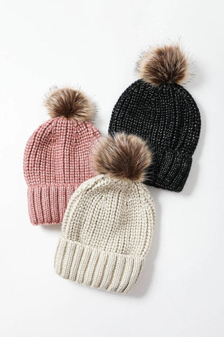 Metallic Rib Knit Pom Beanie