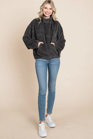 Faux Fur Half Button Fleece - Charcoal