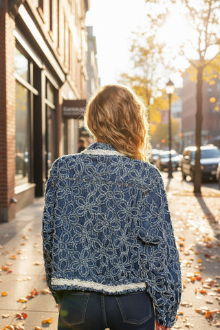 Textured Floral Denim Jacket with Lace Trims