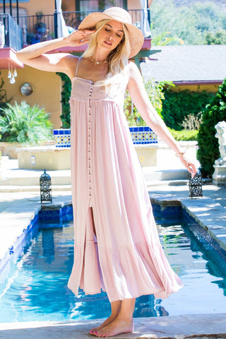 Dreamy Button Front Smocked Maxi Dress - Blush