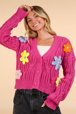 Handmade Button Cardi with Flower Appliqués