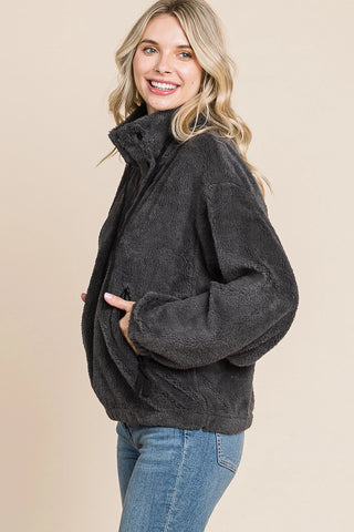 Faux Fur Half Button Fleece - Charcoal