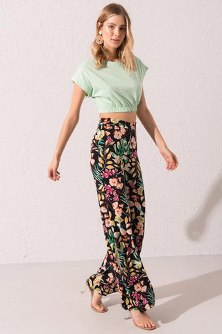 Flowy Tropical Print Wide Leg Pant