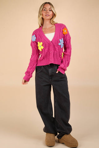 Handmade Button Cardi with Flower Appliqués