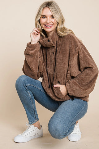 Faux Fur Half Button Fleece - Camel