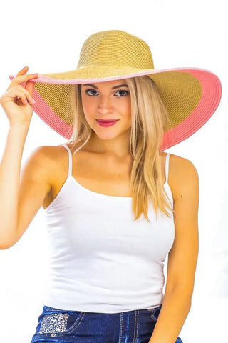 Two Tone Floppy Sun Hat w/ Oversized Brim - Pink