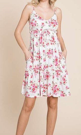 Babydoll Cami Frill Floral Dress with Spaghetti Straps + Ruching