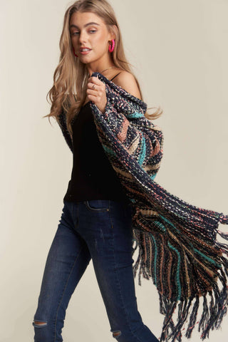 Longline Multi-Stripe Sweater Cardi with Tassels