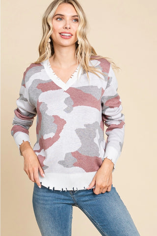 Wool Blend Camo V-Neck Distressed Sweater