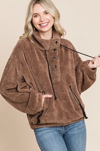 Faux Fur Long Sleeve Half Button Down Fleece - Camel