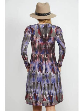 Abstract Dye Print Long Sleeve Empire Waist Dress