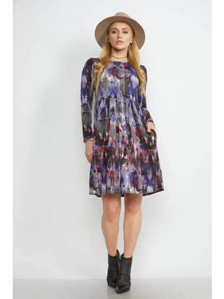 Abstract Dye Print Long Sleeve Empire Waist Dress
