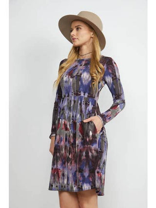 Abstract Dye Print Long Sleeve Empire Waist Dress