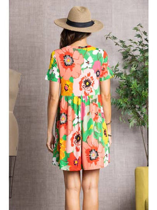 Bold Floral Short Sleeve Babydoll Mini Dress