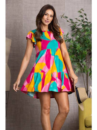 Bold Geo Print Babydoll Flutter Sleeve Mini Dress