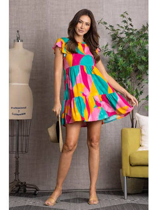 Bold Geo Print Babydoll Flutter Sleeve Mini Dress