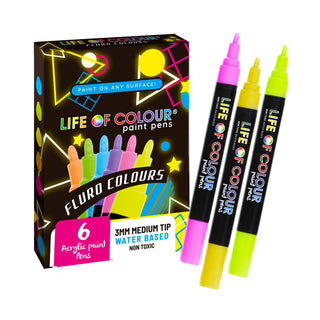 3mm Medium Tip Acrylic Paint Pens, Fluro Colours - Set of 6
